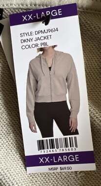 DKNY Hoodie Women 2XL Beige Full Zip Cropped Terry Coastal Neutral Beachy NEW